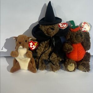 Beanie Babies Bears and Squirrel Halloween Autumn Witch Pumpkin Plush